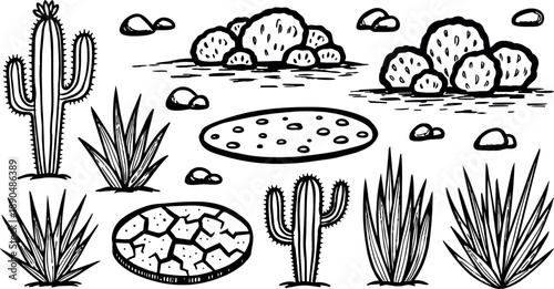 Hand drawn black and white desert plants and rocks collection with cracked earth and cacti in dry landscape illustration