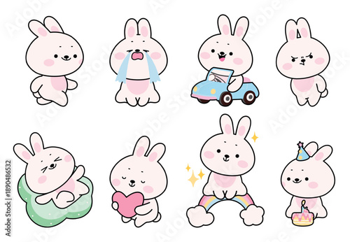 Funny kawaii bunny. Cute bunnies driving car, sitting on rainbow, celebrating birthday with cake, hug heart. Adorable stickers template, kids mascots nowaday vector set