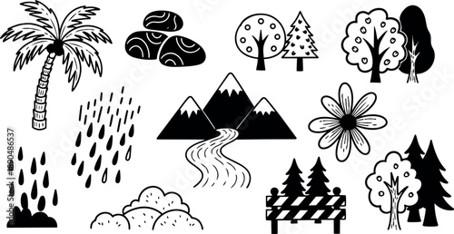 Black and white minimalist vector forest nature elements including mountains river rain trees flowers rocks and barricade icons
