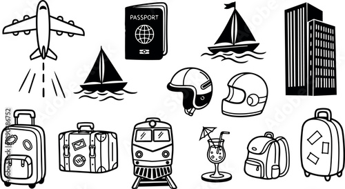 Hand drawn black and white vector icons of airplane taking off, sailboats, passports, helmets, suitcases, train, cocktail drink, and tall building
