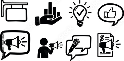 Black line art vector icons showing hand holding middle finger up and person speaking with megaphone and microphone illustration set