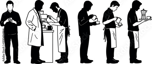 Silhouette vector art of barista making coffee and serving espresso with cup and tray in monochrome style