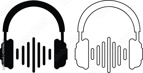 Headphones and headset icon set with flat and line style audio symbols, music listening sound wave call center headset icons in black monochrome vector illustration collection