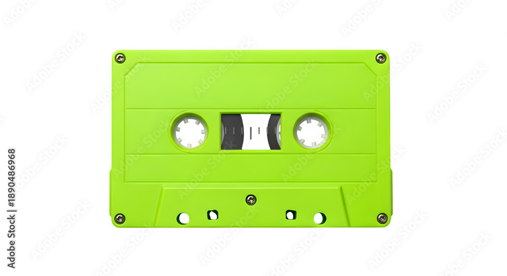 Fototapeta premium Vibrant Neon Green Compact Cassette Tape, isolated on white or transparent background. PNG