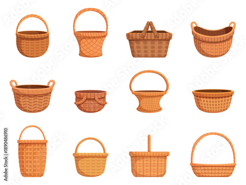 Cartoon wicker basket. Isolated empty baskets for picnic food, easter gift, household, interior decoration. Rural eco containers, accessories, sapid vector clipart