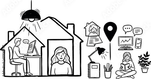 Black and white line art showing remote work at home with man typing on desktop and woman reading book indoor with office supplies and location pin