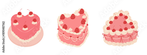 Vintage cakes decorated with coquette bows, cream, cherry strawberry. Cute faminine heart shaped cake for Valentine's Day, wedding, birthday, love or girly design. Vector illustration.