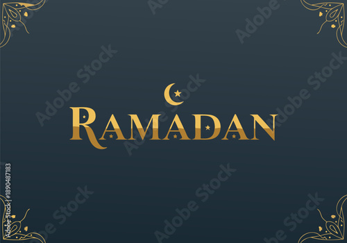 Golden Ramadan text with crescent moon and ornamental borders on a dark background, celebrating the holy month