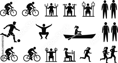 Sports activity silhouette icons, cycling football weightlifting running rowing jumping, human figures fitness pictogram set isolated black white design collection