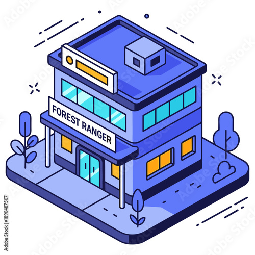 Isometric forest ranger station building in blue with trees and windows. No editable stroke