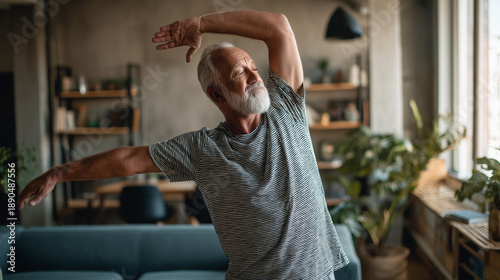 Ai older man stretching in living room to maintain fitness and health for everyday activities