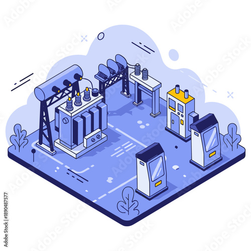 Isometric illustration of an electrical substation with equipment and buildings. No editable stroke