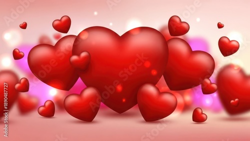 Valentine day greeting card with group of 3d red hearts and pink bokeh background for romantic celebration