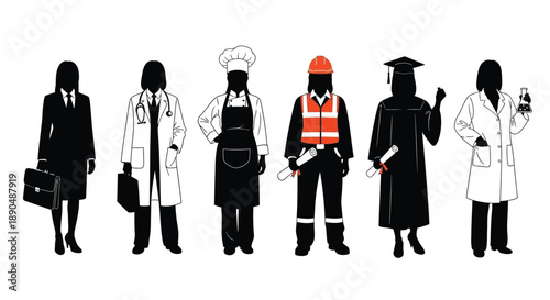 Different professionals standing together in silhouette