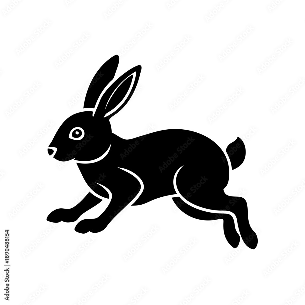 Obraz premium Black minimalist running hare silhouette, nature logo icon and wildlife graphic.
