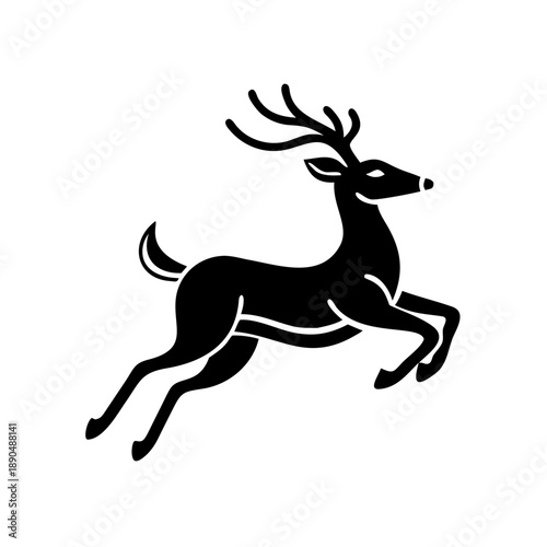 Black leaping deer stag silhouette, minimalist nature branding logo icon.