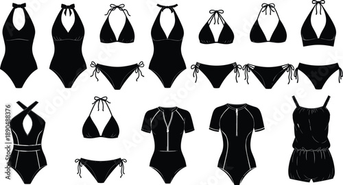 Women swimwear silhouettes collection, bikini and one piece swimsuit set, summer beach fashion, black vector icons, minimal design illustration