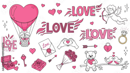 Valentine's Day illustrations featuring hearts, love, cupid, teddy bear, and flowers in a whimsical digital artwork