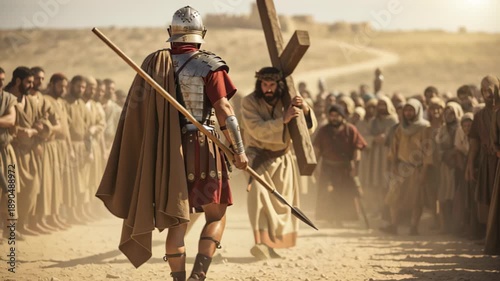 Roman soldier watching man carrying cross with crowd during passion week, religious christianity concept