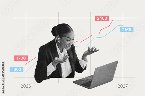 Foto A businesswoman engages in an online meeting while expressing excitement over growth trends shown in a chart