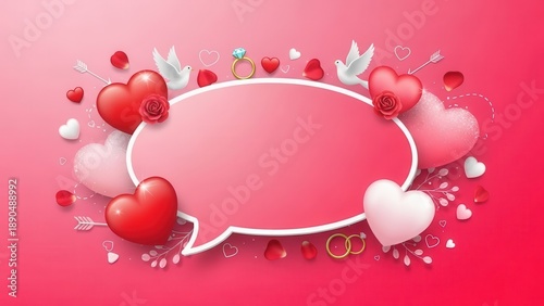 Romantic valentine background with pink speech bubble frame decorated with hearts doves and wedding rings