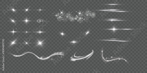 Light effects.Wind glare, explosions, shine, dust, lines, solar flares, sparks, sequins, stars, curved curls. Glow special effect of light