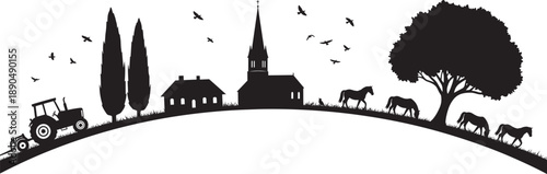 Black silhouette of a rural village landscape with church tractor farm house and grazing horses on a curved hill isolated on white background