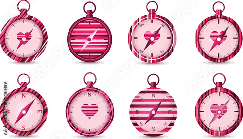 Set of pink and red compasses with heart pointers, a romantic navigation tool collection with diverse designs