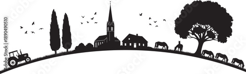 Black silhouette of a rural village landscape with church tractor farm house and grazing horses on a curved hill isolated on white background