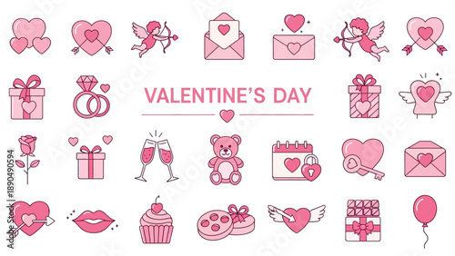 Valentine's Day icons collection featuring hearts, love symbols, and romantic gestures in a monochromatic pink scheme from a straightforward viewpoint