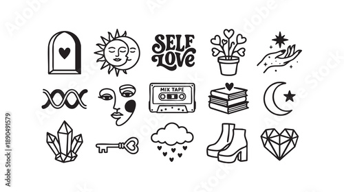 Self love doodle set with retro icons and mystical symbols