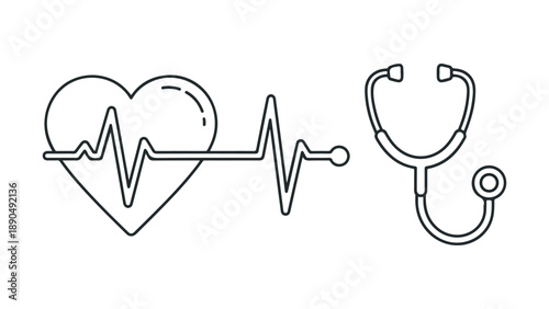 Iconography of a heartbeat ekg line and a stethoscope isolated on white background, Vector, illustration
