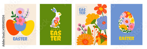 Happy Easter greeting card and poster set with bright spring colors, hand drawn flowers, eggs and cute bunny. Modern minimalist vector designs with typography for holiday covers and seasonal promotion