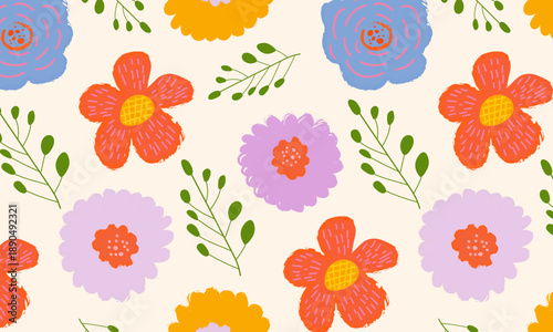 Seamless spring floral pattern with hand drawn flowers and leaves in sketchy brush style. Simple botanical vector background perfect for fabric prints, wrapping paper, stationery and trendy seasonal 