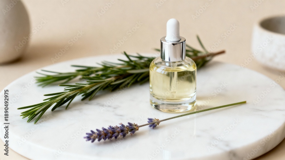 Fototapeta premium Minimal essential oil bottle with rosemary and lavender