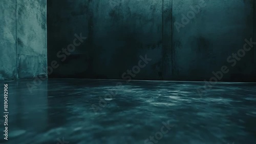 Dark, empty concrete room features grunge textured walls and a wet, reflecting floor under a subtle overhead light, creating a moody and mysterious atmosphere