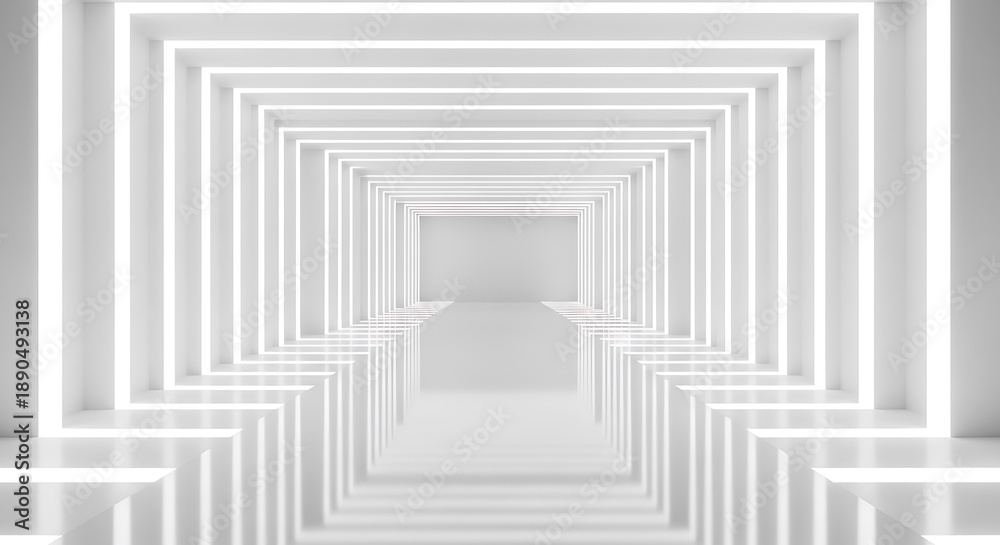 Fototapeta premium An intricate and extremely bright white corridor composed of multiple repeating square frames made of pure light, creating a complex tunnel effect.