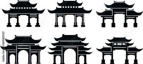 Set of Traditional Chinese and Japanese Pagoda Gate Silhouettes, Vector Asian Architecture Icons, Torii and Paifang Entrance Design Elements, Black Isolated Illustration
