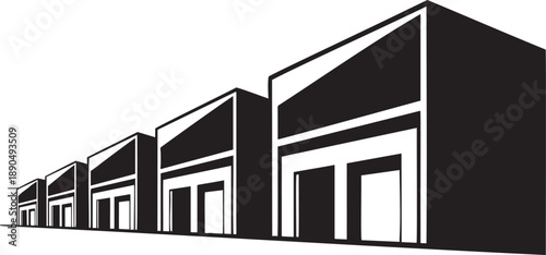 A series of black and white buildings with varying sizes and rectangular shapes