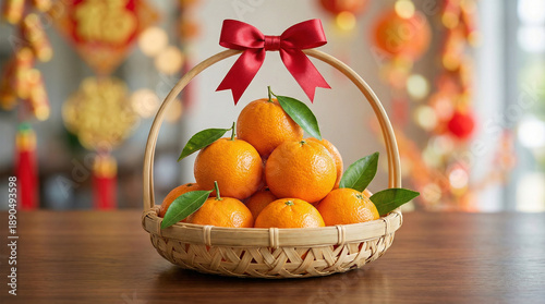 Woven bamboo hamper filled with fresh mandarin oranges adorned with scarlet ribbon bow symbolizing prosperity gift against blurred festive interior