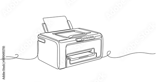 Line art illustration of modern office printer with paper tray. Non editable stroke