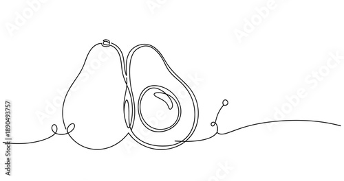 Minimalistic continuous line drawing of whole and sliced avocado. Non editable stroke