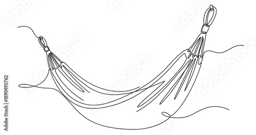 Minimalist continuous line drawing of a hammock for relaxation and tranquility. Non editable stroke
