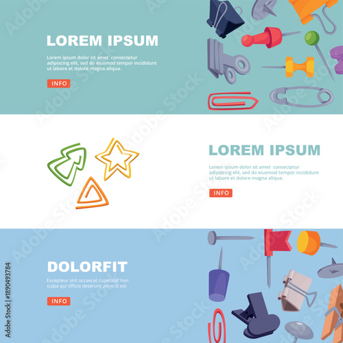 Office supplies. horizontal banners design template with pins brackets pointers