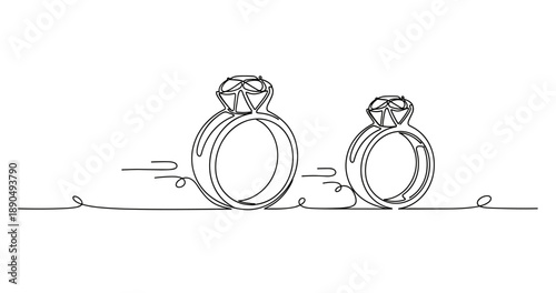 Elegant minimalist continuous line drawing of two diamond rings. Non editable stroke
