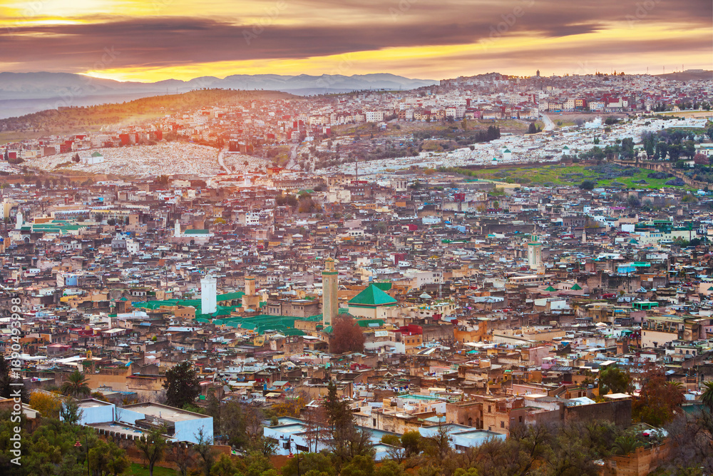 Fototapeta premium Morocco, the Medina of Fes el Bali, aerial view of the old town at the first light of dawn
