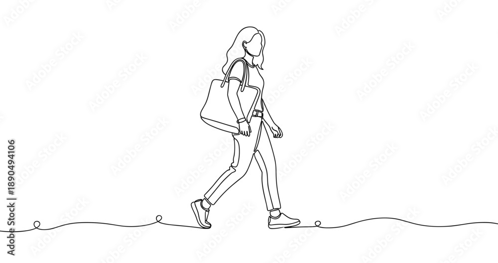 Fototapeta premium Line art of young caucasian female walking with bag. Non editable stroke