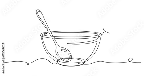 Minimalist line art of a bowl with spoon on white background. Non editable stroke
