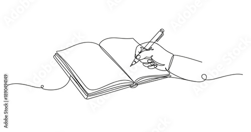 Continuous line drawing of hand writing in open notebook. Non editable stroke