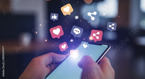 Wallpaper Mural Hands holding smartphone with social media floating above mobile technology Torontodigital.ca